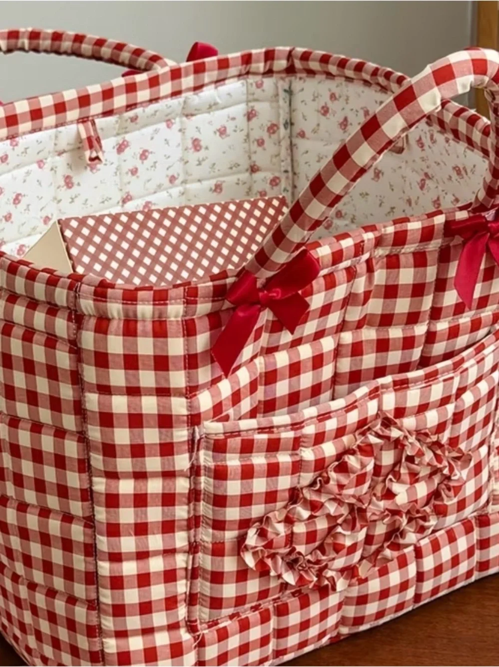 Red Gingham Check Lined Foldable Washable Storage Travel Baby Teacher Bag Tote